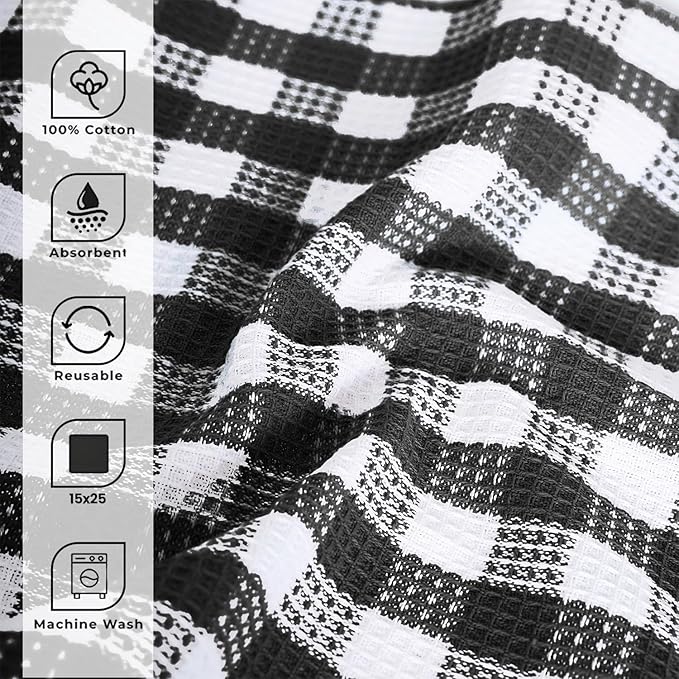 Blue Needles Waffle Weave Check Plaid Kitchen Towels, 15x25 Inches 100% Cotton Set of 6 Dish Towels for Kitchen, Ultra Soft & Absorbent for Quick Drying with Hanging Loop Spring Summer - Black & White