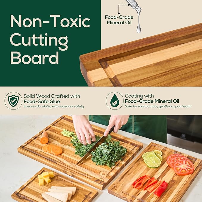 EZ FURNITURE 3-Piece Acacia Wood Premium Cutting Board Set with Extra Stand, Pre-Oiled Edge Grain with Juice Groove & Handles, Non-Slip Feet, Suitable for Meat & Vegetables, Non-Toxic