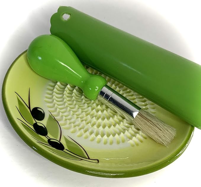 All-in-one Premium Ceramic Garlic Grater Plate 4-Piece Set - Yellow Olive Design, Classic Style - For Garlic, Ginger, Chocolate, and more! - Comes with 5.25" Plate, Peeler, Brush, and Stand