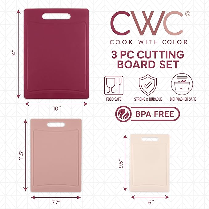 COOK WITH COLOR Non-Slip Cutting Board Set – Kitchen Essentials with Easy Grip Handle for Meat, Veggies, and Fruits, 3 Cutting Boards, Rose