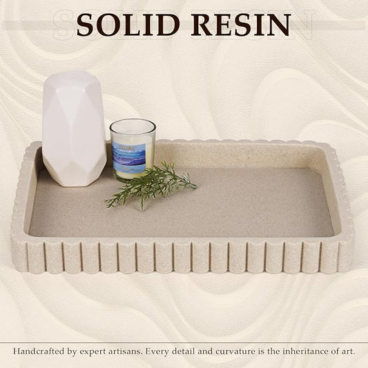 Resin Decorative Tray for Coffee Table Decor, 14" Coffee Table Tray Ottoman Tray Table Centerpieces, Rectangular Modern Decorative Trays for Home Decor, Living Room, Entry, Resin Beige