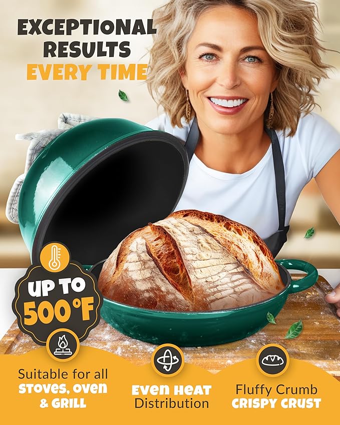 CRUSTLOVE Dutch Oven Bread Baking - 5QT Enamel Bread-Oven - incl Sourdough Bread-Baking Suppliers like Dough Whisk Scoring Lame etc Bread-Dome Cast Iron Bread-Pan with Lid for Sour dough, Bread-makingBottle Green Dome