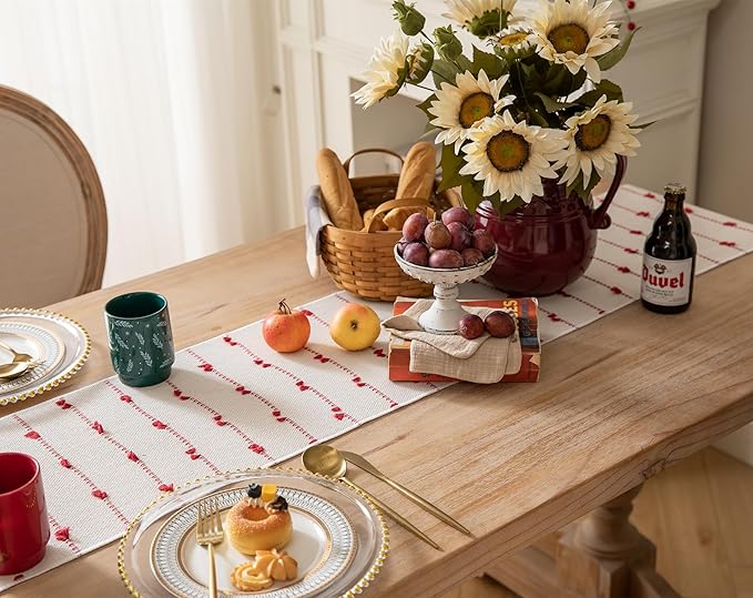 Caflife Christmas Table Runner 108 Inchs Long for Modern Farmhouse Room Home Christmas Decorations, Boho Red Table Runner, Natural Cotton Woven with Tassels for Holiday Kitchen and Dining Table Decor