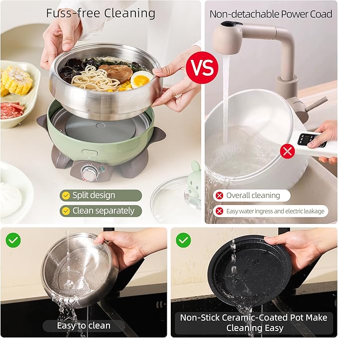 1L Portable Electric Hot Pot, All-in-One Mini Cooker (Steam/Boil/Fry) with 304 Stainless Steel Pot for Camping/Travel/Dorm, Non-Stick Pan for Cooking for 1 Person, FDA Certification