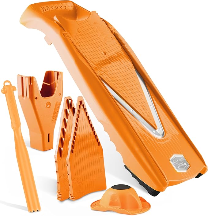 Börner Mandoline Slicer V5 (Plus Set) • Adjustable Vegetable V-Slicer with Extra Accessories + Peeler • Kitchen Slicer For Slices, Strips, Dices • Stainless Steel V-Blade • Color: Orange