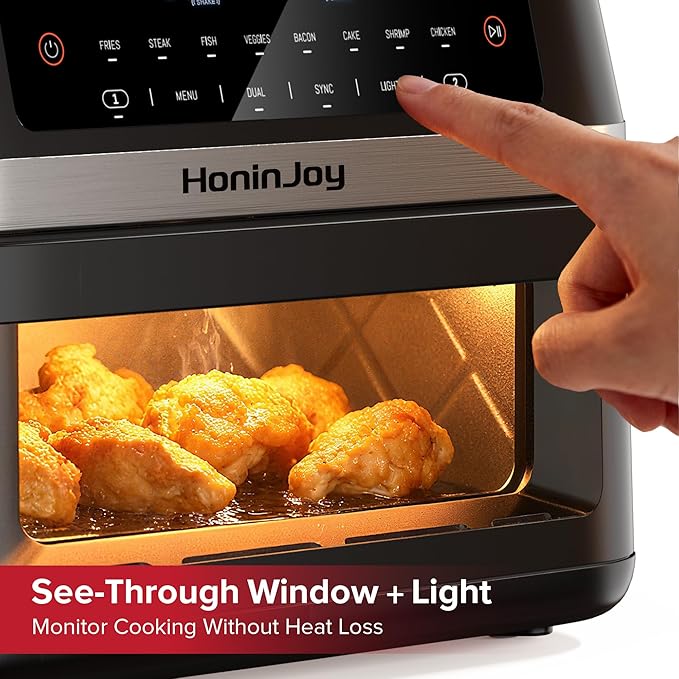 HoninJoy 12QT Large Dual Basket Air Fryer with Flex Basket, Viewing Window and 50PCS Paper Liners, 12-in-1 Family Size with Sync & Dual & Light, Double Zone for Bake, Roast, Reheat, Dishwasher Safe