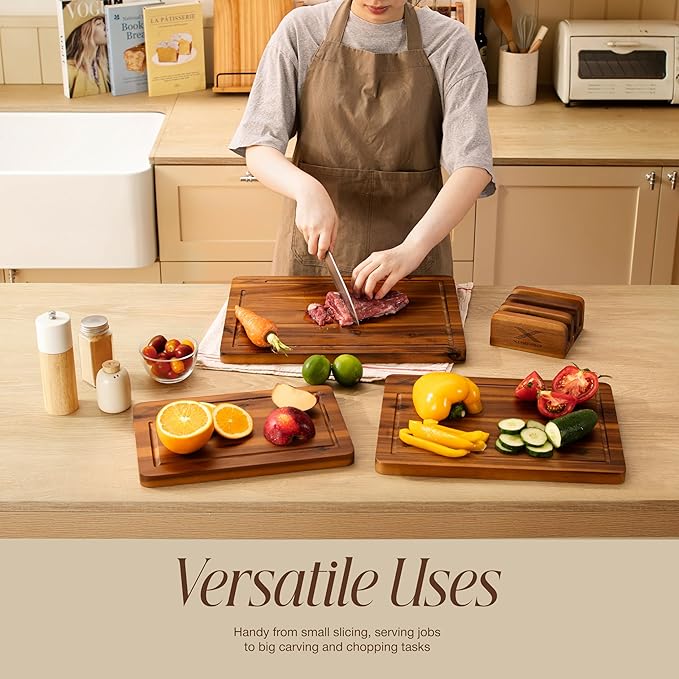 Acacia Wood Cutting Board Set of 3 (16 x 12/14 x 10/12 x 8), Natural - 0.8 in Extra Thick Wooden Chopping Boards with Deep Juice Grooves - Non-Slip, Non-Toxic & Durable Boards for Meat & Vegetables