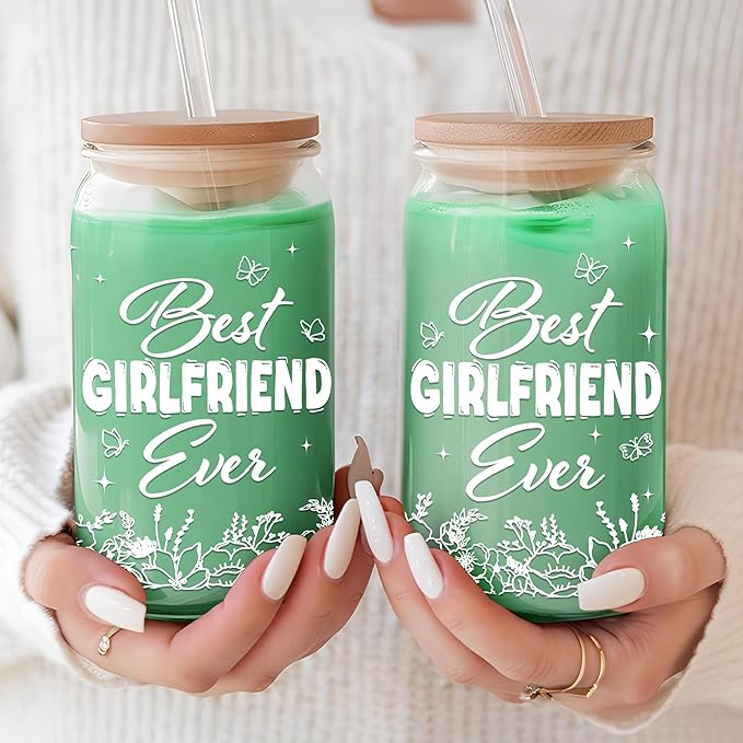 Gifts for Girlfriend 16 Oz Coffee Glass Cup with Lid and Straw & Brush Romantic Love Drinking Glasses Girlfriend Gift for Her Women Lover Valentines Day Anniversary Birthday Christmas