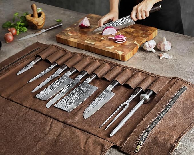 XINZUO Chef Knife Roll Bag-Professional Chef Knife Case-16oz Waxed Canvas and Crazy Horse Leather -With 12 Slots Plus 2 Zipper Pockets to Hold Kitchen Cooking Tools-Travel Tool Roll Pouch(Bag Only)