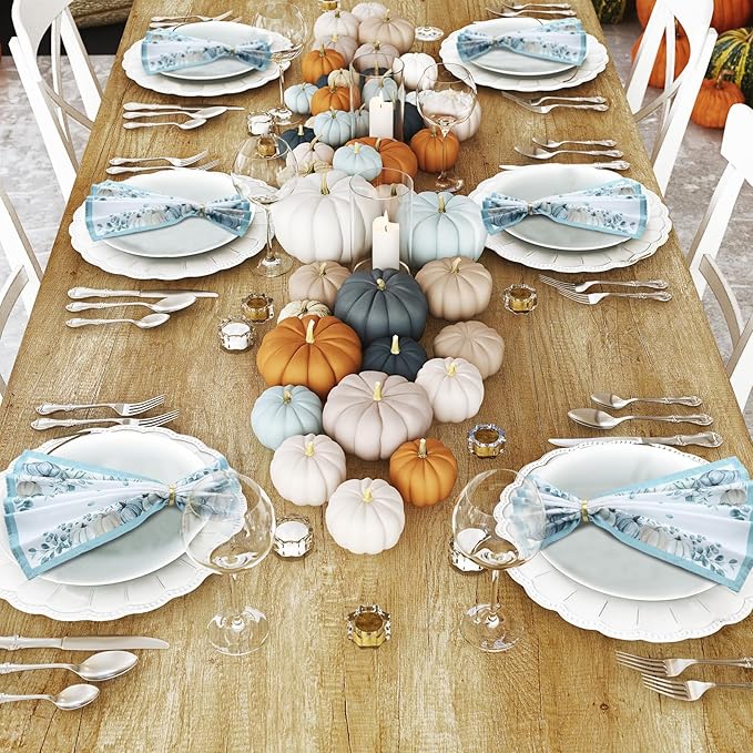 12 Pcs Fall Cloth Napkin 20 x 20 Inch Blue Pumpkin Cloth Napkins Thanksgiving Autumn Harvest Pumpkin Buffalo Plaid Party Dinner Washable Decoration