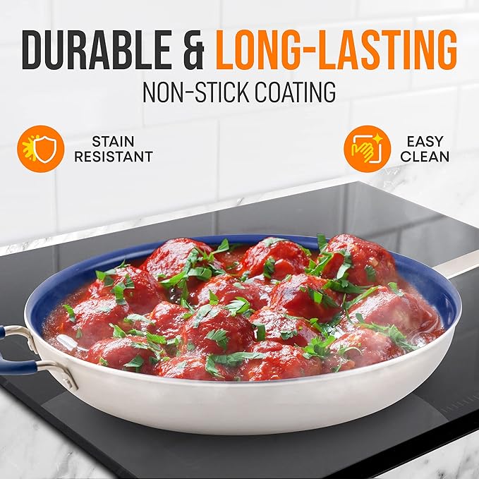 NutriChef 14" Non-Stick Large Frying Pan, Ceramic Coating, Stainless Steel Aluminum Frying Pan with Silicone Handle, Stain-Resistant, PFOA Free – Safe for Gas, Electric, Induction, Ceramic Cooktops