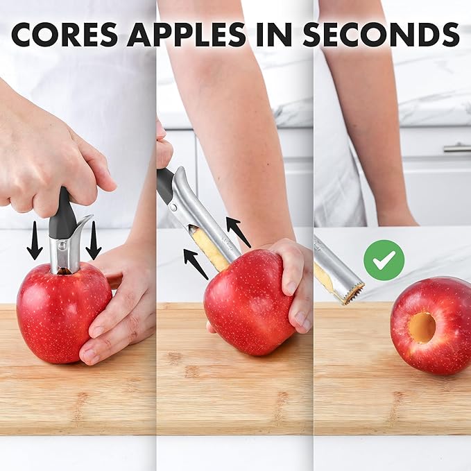 Zulay Kitchen Premium Apple Corer Tool - Ultra Sharp, Stainless Steel, Serrated Blades for Easy Coring - Easy to Use & Clean, Durable Apple Corer Remover for Baking Apples & More - Gray