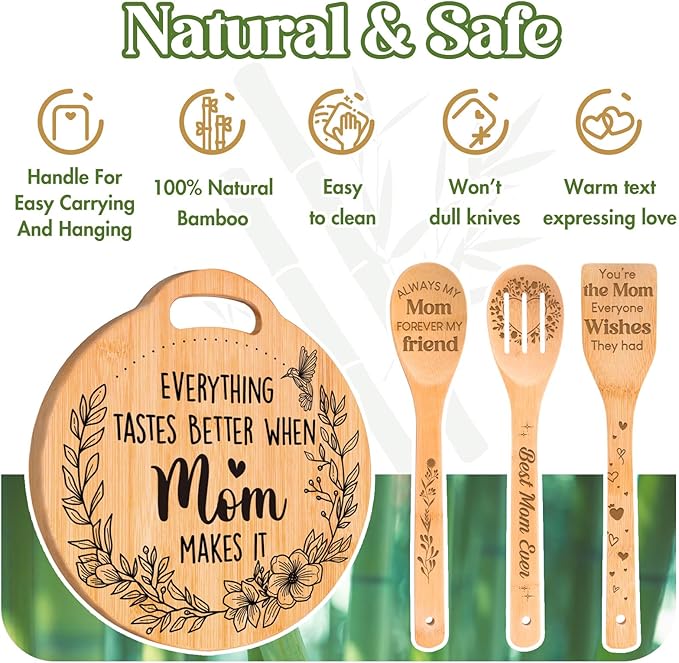 Birthday Gifts for Mom - Cute Engraved Bamboo Cutting Board Set, Perfect Mom Birthday Gifts from Daughter/Son, Mothers Day Christmas Birthday Gifts for Mom Mother, Home and Kitchen Decor