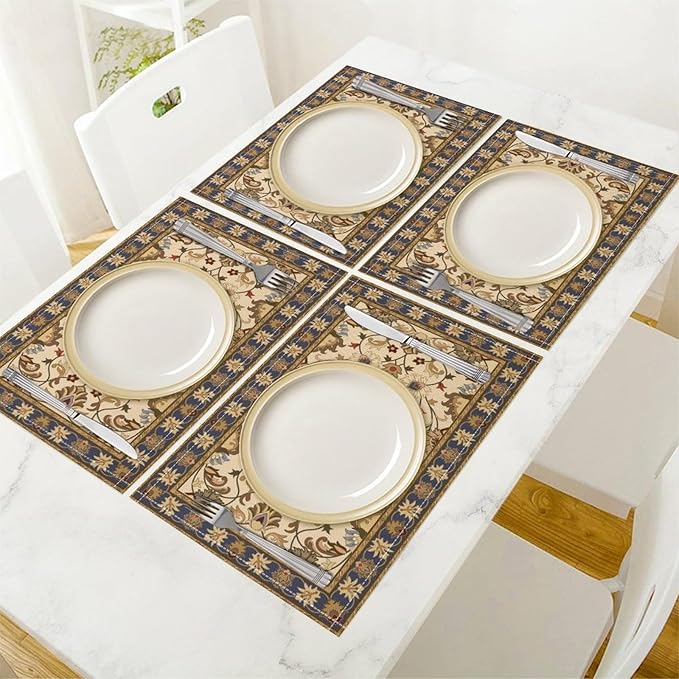 Boho Flower Placemats Country Style Retro Floral Art Printed Dining Table Mats Set of 4 for Restaurant Home Kitchen Holiday Picnic Party Decor 12x18in