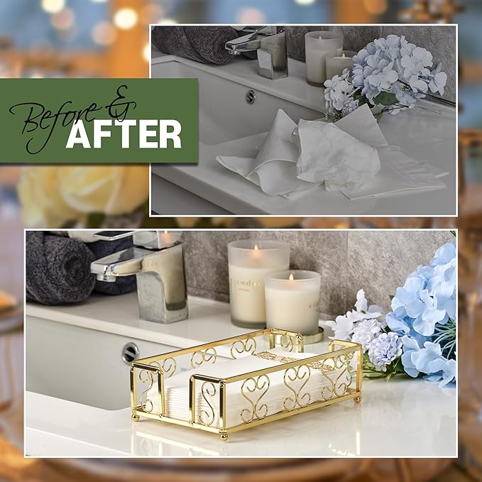 Gold Guest Towel Holder Tray for Bathroom – Napkin Organizer for Disposable Hand Paper Towels, Vanity Countertop Napkin Holder, Modern Bathroom Accessory for Guest Use and Décor