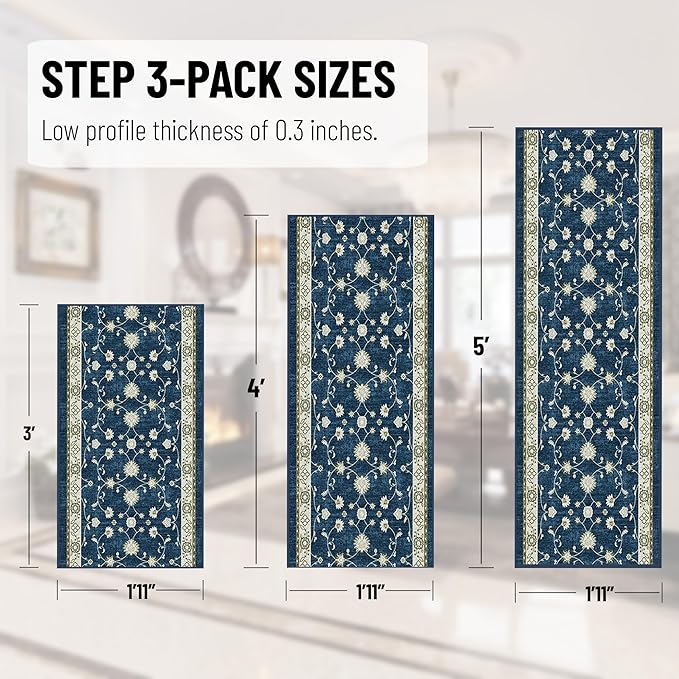 Ottomanson 3-Piece Kitchen Rug Set - Non Slip Runner & Washable Mat - 1'11" x 3' + 1'11" x 4' + 1'11"' x 5' - Durable, Stain Resistant for Entryway, Bedroom and Bathroom, Mahal Navy