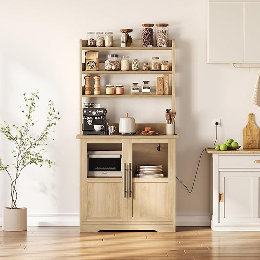 Garvee Farmhouse Bakers Rack with Glass Door, Microwave Stand with Power Outlets, Kitchen Hutch Pantry Cabinet, Kitchen Coffee Bar Cabinet for Spices, Dishes, and Pots, Wood