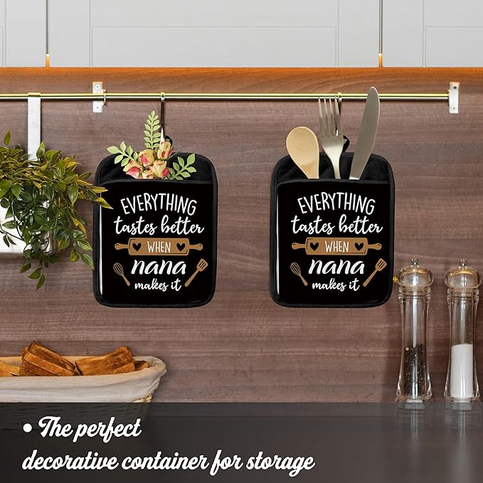 Nana Gifts Pot Holders with Pockets, Grandma Kitchen Gifts, Everything Tastes Better When Nana Makes It Pot Holders Heat Resistant Oven Mitts Hot Pads for Kitchen Baking