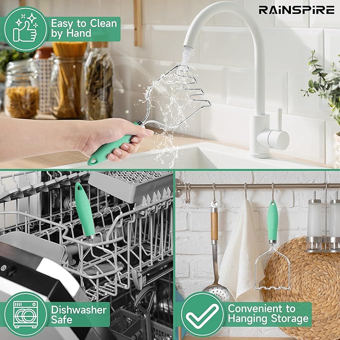 Rainspire Potato Masher Stainless Steel, Mashed Potato Masher Kitchen Tool, Durable Mash Potatoes Masher, Soft Non-slip Handle, Kitchen Utensils, Kitchen Gadgets (Mint Green)
