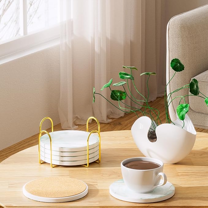 6Pcs/Set Marble Abstract Ceramic Coasters with Holder, Absorbent Drink Coasters, Coffee Cup Coaster,Round Ceramic Table Coasters Set Decorative