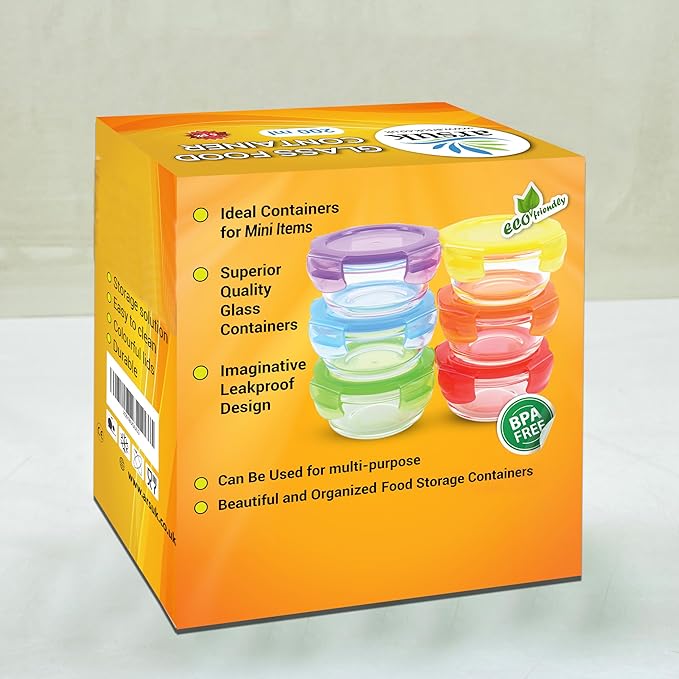 ARSUK 7oz Glass Food Storage Containers with Airtight BPA-Free Lids 6 Pack, 1 Cup Small Glass Freezer Containers for Sauce, Sides, Meal Prep - Reusable & Dishwasher Microwave Fridge Freezer Safe