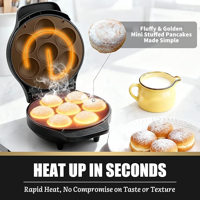 Mini Stuffed Pancakes Maker, Electric Ebleskiver Poffertjes Maker Pan, Danish Pancakes Maker, Cake Pop Maker, Bake 7x 2'' Ebelskivers without any Flipping operation