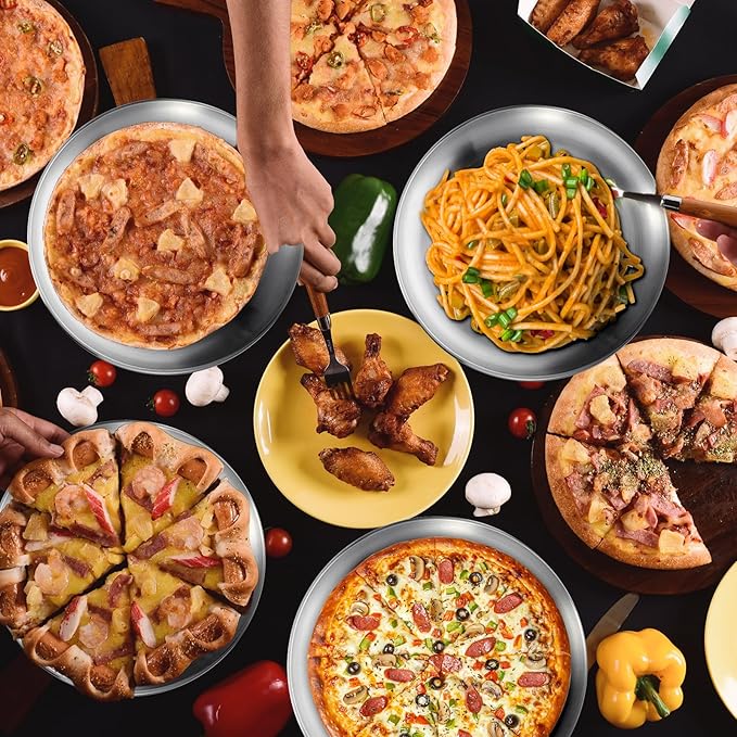 wutfuooo 8 Pieces 12 Inch Pizza Pans Bulk Stainless Steel Sets Round Bakeware Pizza Trays for Oven Kitchen Baking Home Restaurant Safe Sturdy Reusable Easy Clean