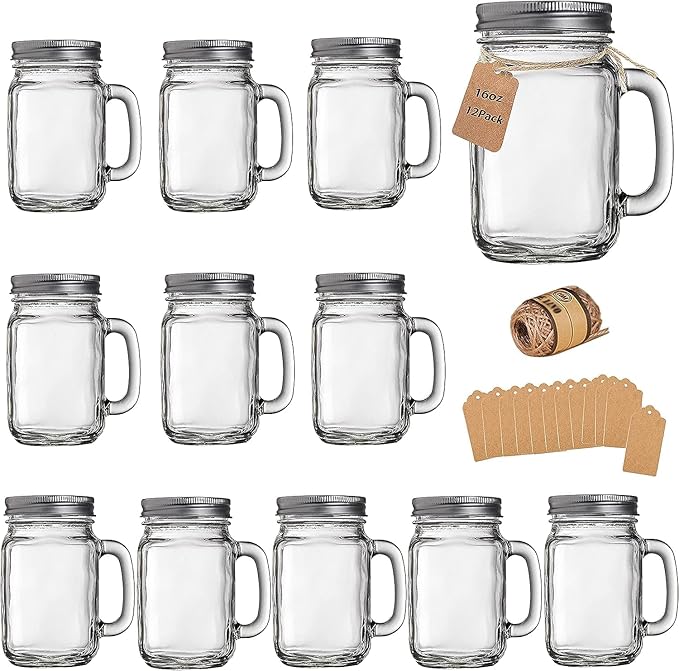 Mason Jar Cups, Mason Jars With Handle And Lids, Drinking Glasses Cups, Glass Mugs with Handles 16 oz –12 Pack