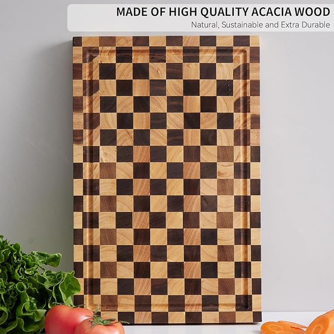 Cookaholic Acacia Wood Cutting Board (17x11x1.2'') Inch, Butcher Block for Kitchen, Premium Acacia Cutting Board with Juice Groove, End Grain Made of Sustainable Acacia Wood