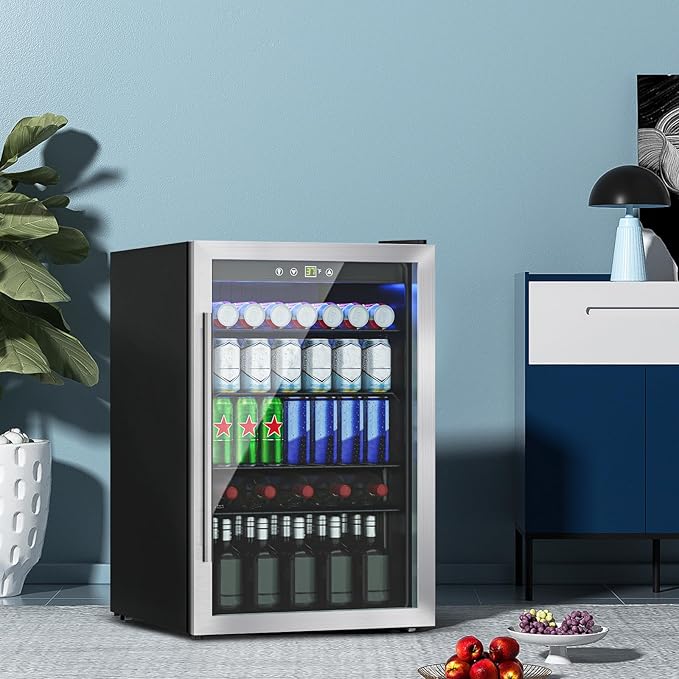 Stopasd Compact Beverage Refrigerator, 4.5 Cu.Ft/145 Can Drink Fridge with Glass Door and Digital Display, Small Drink Fridge with Adjustable Shelves for Soda, Compact Fridge for Bar Office