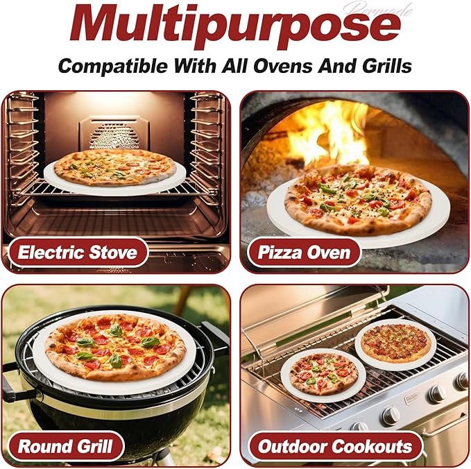Permade Round Pizza Stone for Grill and Oven- 16 inch Baking Stone Heavy-Duty Cordierite Pizza Stone for Bread, Cookies, Heat Proof BBQ Grilling Cooking Stone for Making Crisp Crust Pizza (White)
