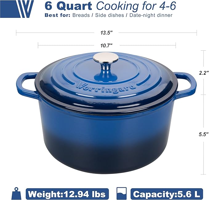 VORRINGARD Enameled Cast Iron Dutch Oven Pot with Lid, for Sourdough Bread Baking, Round Dutch Ovens, 6 Quart, Blue