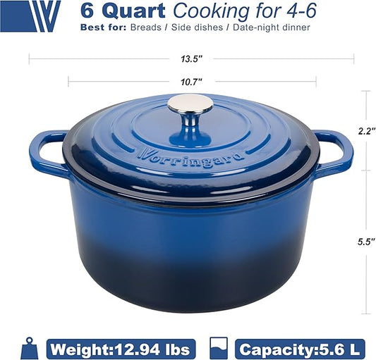 VORRINGARD Enameled Cast Iron Dutch Oven Pot with Lid, for Sourdough Bread Baking, Round Dutch Ovens, 6 Quart, Blue