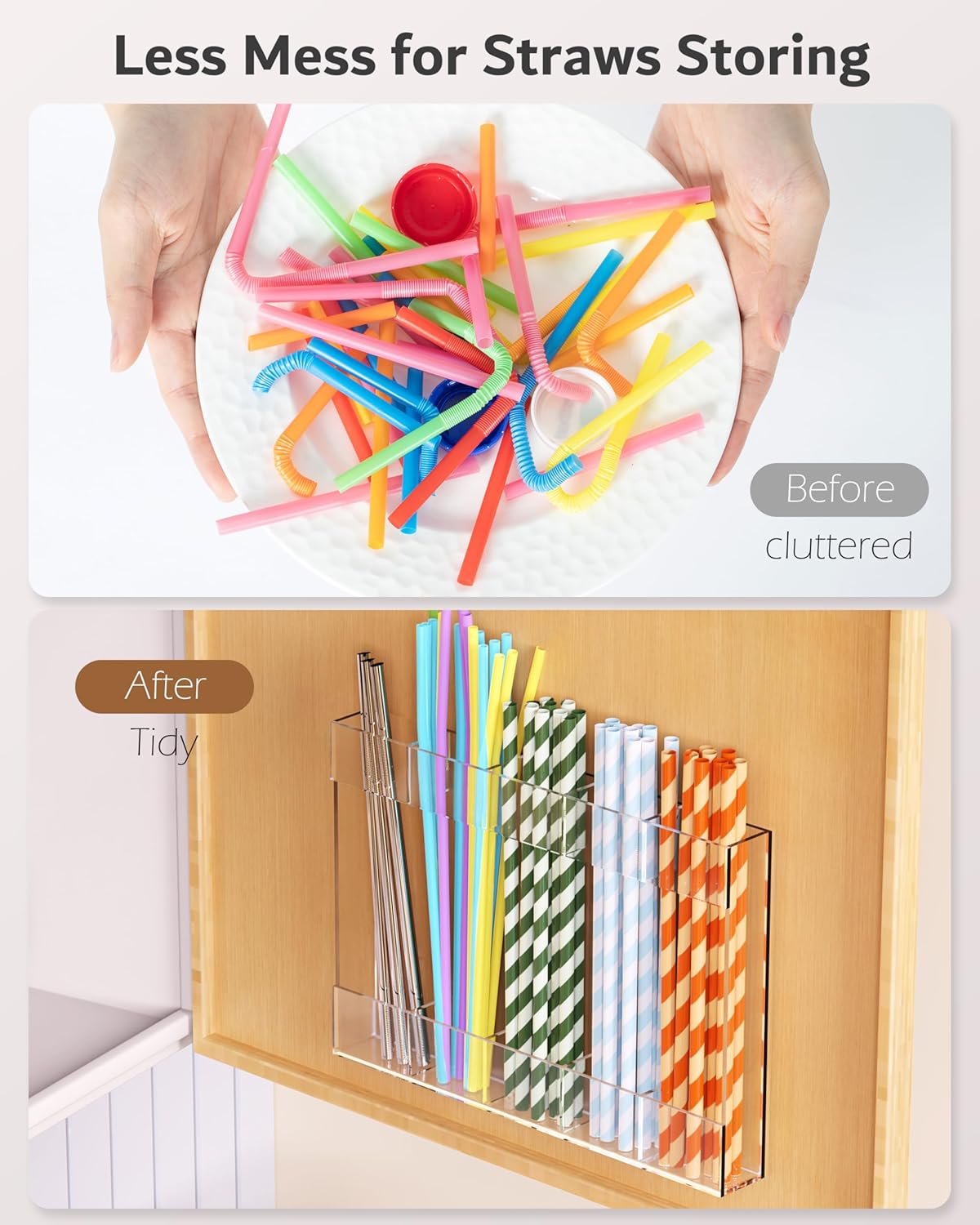 Upgraded 9.6'' Large Acrylic Straw Holder for Cabinet Door, Space-Saving Straw Organizer Storage Dispenser for Cabinet Doors or Countertops, Strong Adhesive Double-sided Tape Included