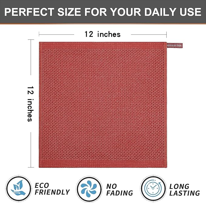 Kitinjoy 100% Cotton Kitchen Dish Cloths, 8 Pack Waffle Weave Ultra Soft Absorbent Dish Towels for Drying Dishes Quick Drying Kitchen Towels Dish Rags, 12 X 12 Inches, Brick Red