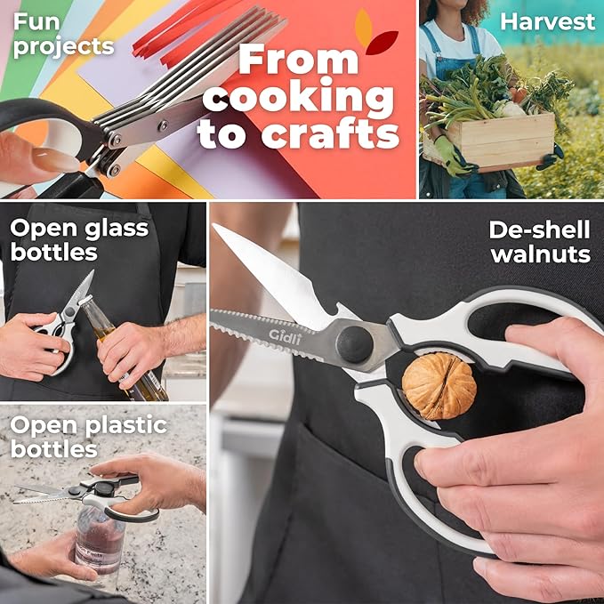 Gidli 2 Pack Kitchen Scissors & Kitchen Shears - Lifetime Replacement Warranty* - Herb Scissors with 5 Blades and Cover - Heavy Duty Vegetable Salad Multi Blade All-Purpose Food Shears Dishwasher Safe