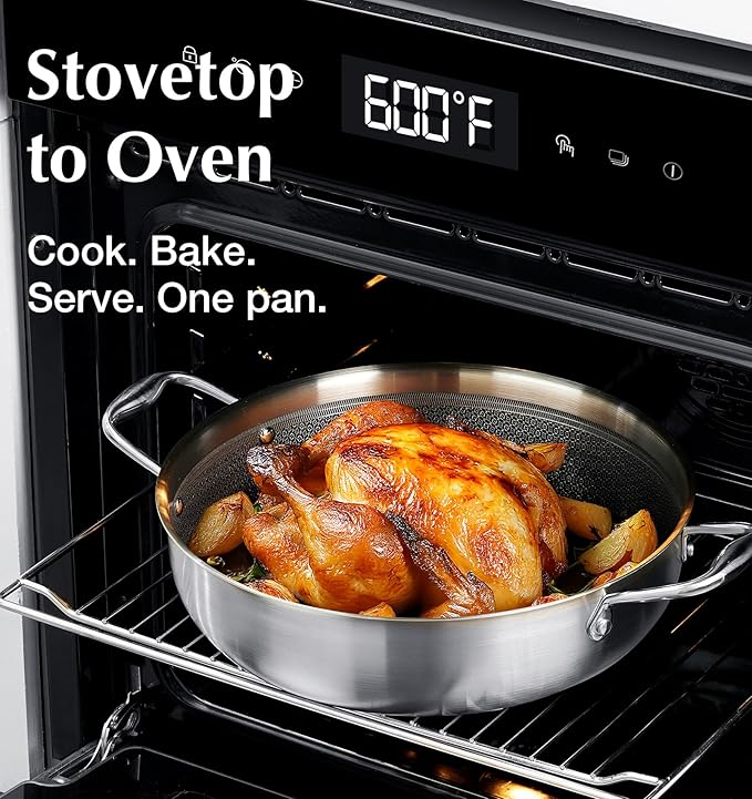KOCH SYSTEME CS Triply Stainless Steel Saute Pan 12 Inch, Nonstick Hybird Stainless Steel Saute Pan with Lid, 6 Quart Deep Frying Pan with Honeycomb Interior, 18/10 Steel Pans, Induction Compatible