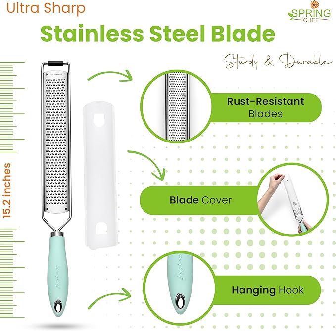 Spring Chef Stainless Steel Lemon Zester Grater with Handle - Garlic, Cheese, Parmesan, Nutmeg, Lime, Ginger Grater - Heavy Duty Kitchen Tool - Citrus Zester with Blade Cover - Fine Shred - Mint