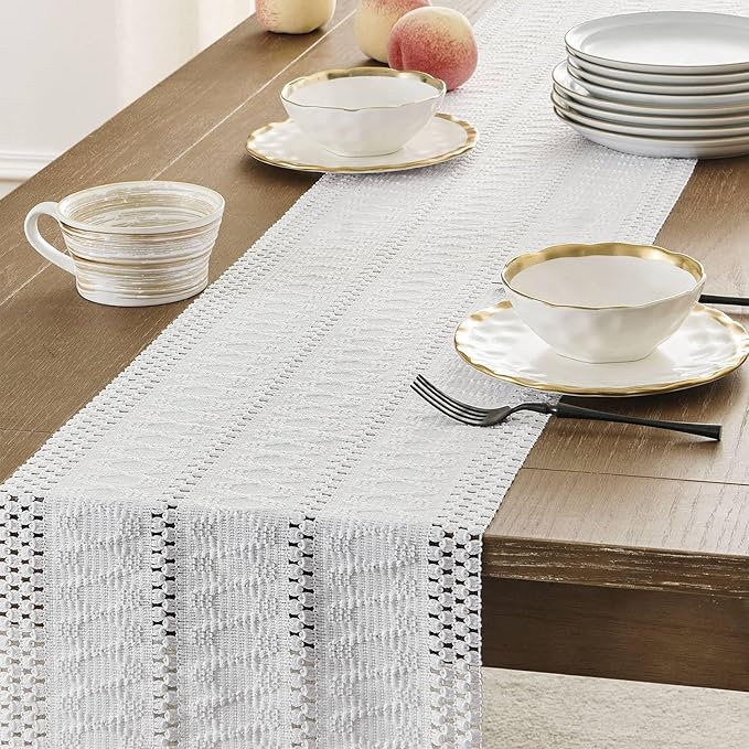 ZeeMart Macrame Style Boho Table Runner, White Table Runners 108 Inches Long, Farmhouse Woven Home Decor, 12x108 Inch, White