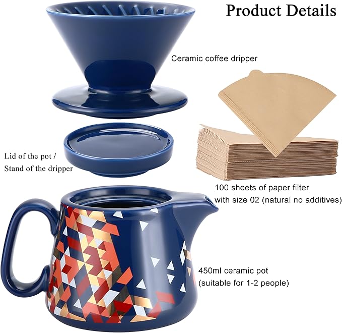 Polydremio Pour Over Coffee Maker, Ceramic Coffee dripper with 100 pcs V60 Paper Filter, Ceramic coffee Server with Lid, 15.5oz/450 ml, Suitable for 1-2 people (Blue)