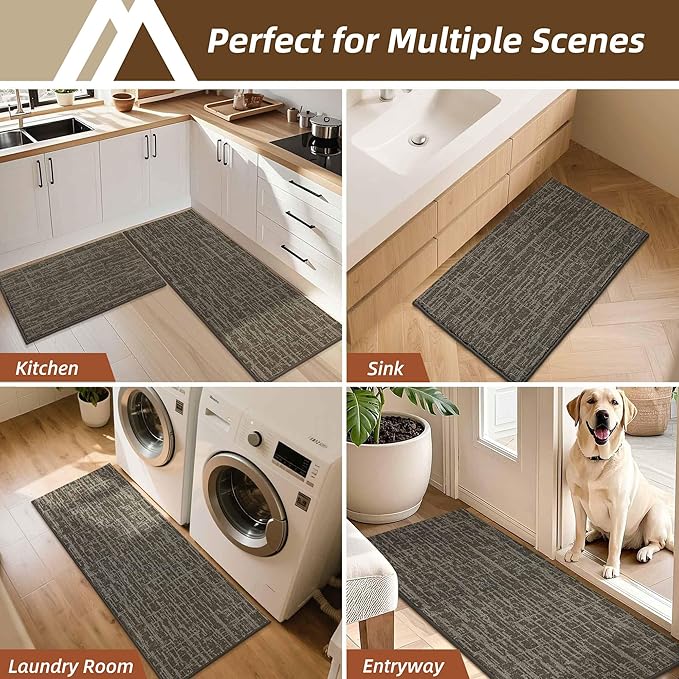 COSY HOMEER Kitchen Rugs Non Slip Washable 24"x36"+24"x60",Absorbent Soft Kitchen Mats for Floor,Polyester Kitchen Runner Rug Sets of 2,Kitchen Floor Mats for Sink Mat,Hallway,Laundry,Light Brown