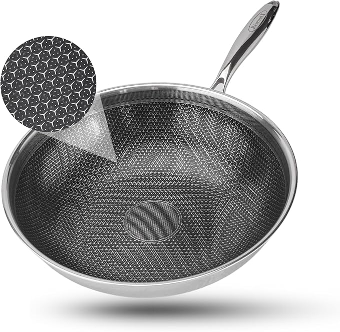 RisenutX Hybrid Wok, 12 inch Wok with lid,Stainless Steel woks & Stir-fry pans Non Stick, PFOA Free Cookware, Dishwasher and Oven Safe, Compatible With Induction