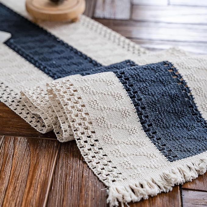 Alynsehom Macrame Table Runner Cream Beige and Blue Boho Table Runners with Tassels Hand Woven Cotton Table Runner Rustic Farmhouse Table Runners for Bohemian Kitchen Dining Table(12x36in)