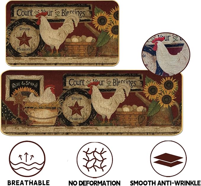 Farmhouse Decorative Kitchen Rugs and Mats Set of 2, Farm Rooster Non-Slip Kitchen Mats,Seasonal Holiday Party Sets Washable Low-Profile Floor Mats - 17x29 and 17x47 Inch