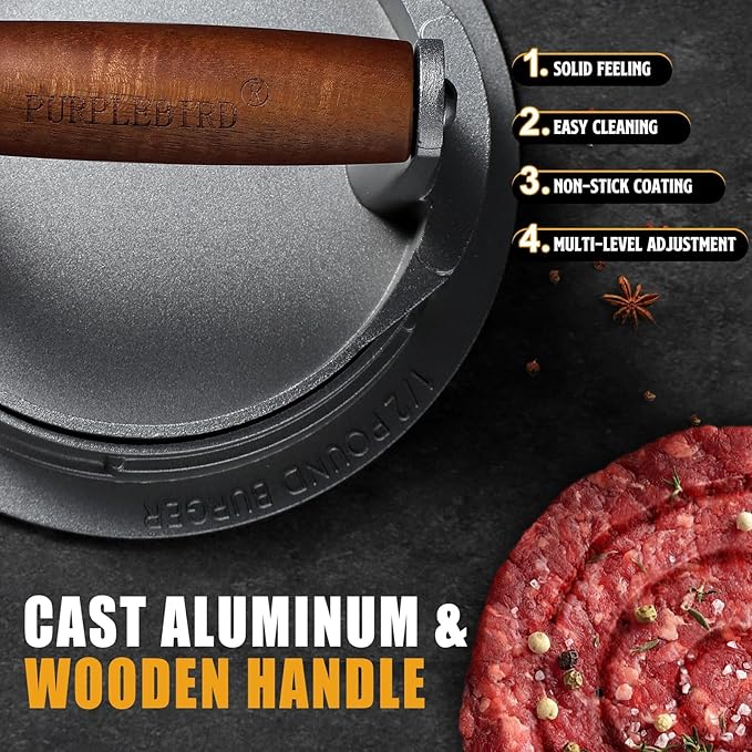 PURPLEBIRD Hamburger Press Patty Maker, Adjustable Burger Sharpener Mold, 1/2 lb, 1/3 lb, 1/4 LB, Stuffed Hamburger Ring Mold, Cast Aluminum Slider Sausage 3 in 1 Patty Maker, for Men