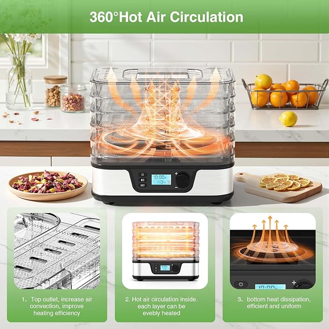 Food Dehydrator, Metallic Silver | 5 Stainless Steel & BPA-free trays, Adjustable Temperature, 72H Timer, Dehydrator for Meats, Jerky, Fruits, Veggies and Pet Treats