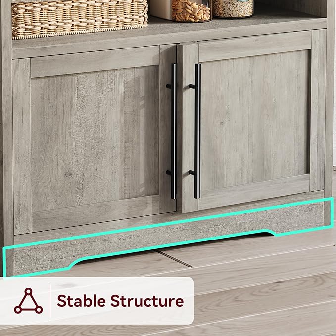 Garvee Farmhouse Bakers Rack with Power Outlets, Microwave Stand with Cabinet, Kitchen Hutch Pantry Cabinet, Kitchen Coffee Bar Cabinet for Spices, Dishes, and Pots, Gray