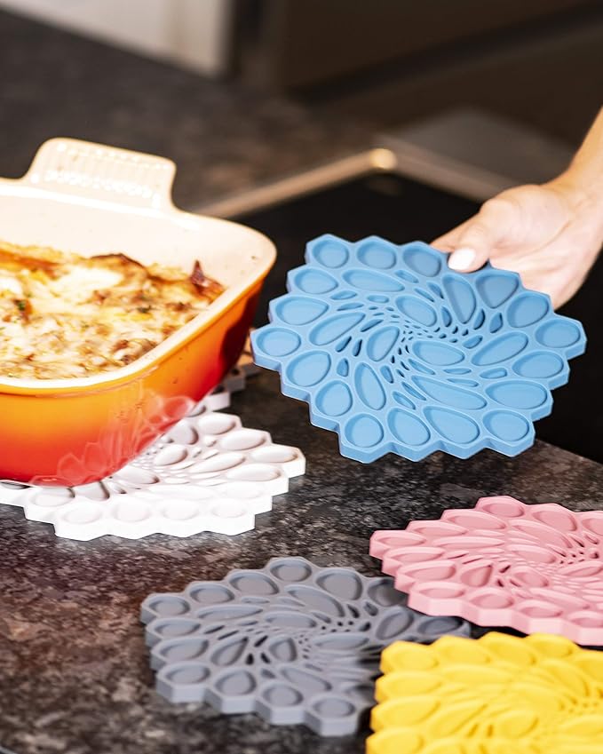 Modern Twist Trivet, 100% Food-Grade Silicone, Up to 675 Degree F Potholder, Single Hot Pad for Tabletop or Countertop, Waterproof, Honey