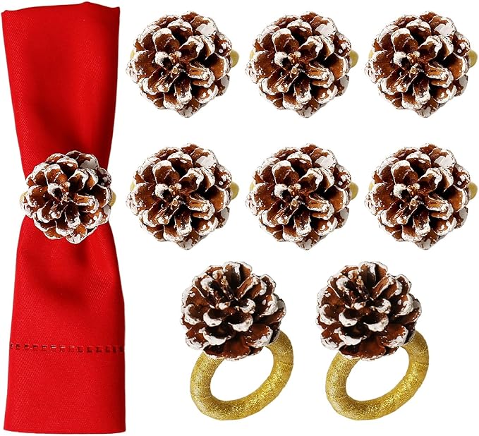 Christmas Napkin Rings Set of 8, Snow Pinecone Rings with Gold Rabbin Buckle Rustic Napkin Rings for Christmas Thanksgiving Holiday Table Dinner Celebration