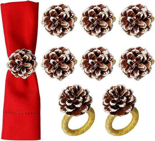 Christmas Napkin Rings Set of 8, Snow Pinecone Rings with Gold Rabbin Buckle Rustic Napkin Rings for Christmas Thanksgiving Holiday Table Dinner Celebration
